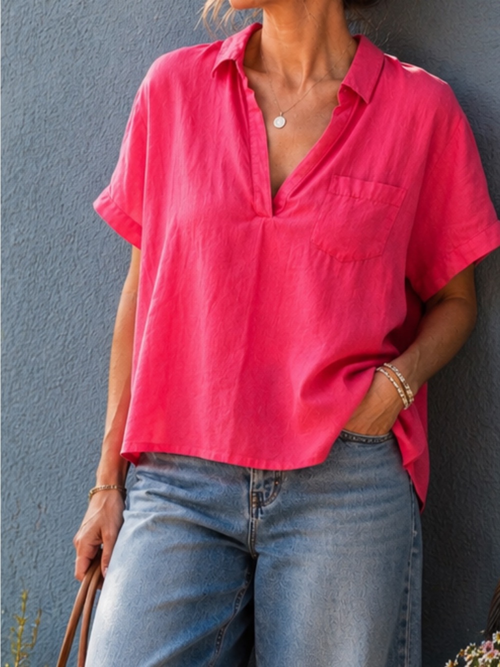 J. Crew Linen Hot Pink Shirt • Large or XL • Coastal Summer Top Blouse